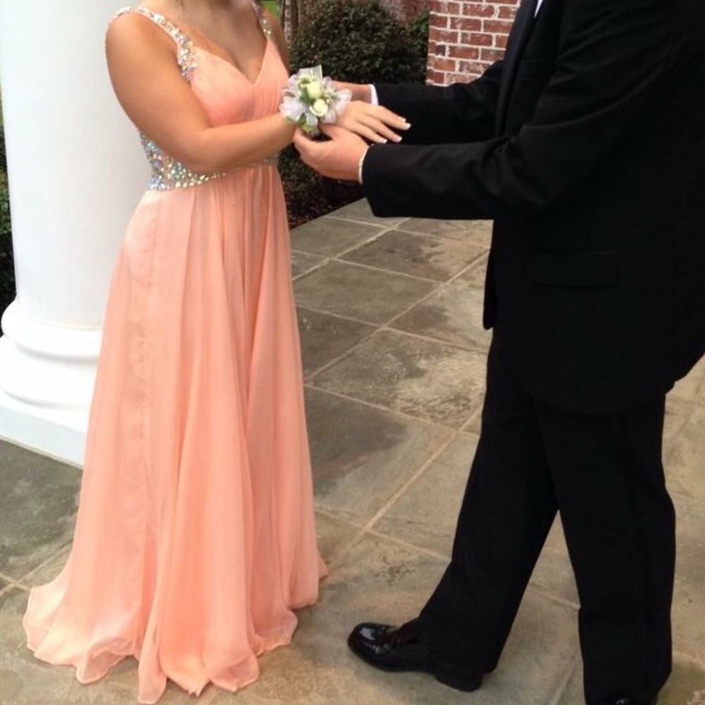 La Femme Apricot Gem V-Neck Prom Dress Gown - Picture 4 of 4
